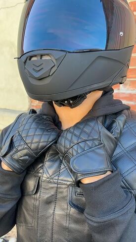 Black Leather Motorcycle Gloves for Men – Diamond Stitch Design, Soft Naked Cowhide with Velcro Strap – Riding & Biker Gloves for Enhanced Grip & Comfort in Kuwait