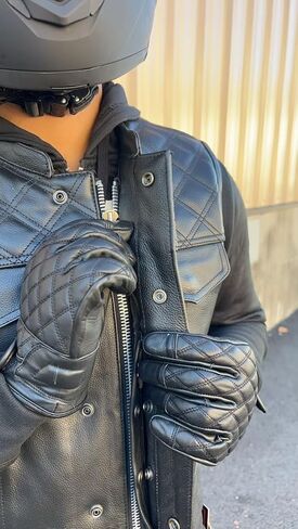 Black Leather Motorcycle Gloves for Men – Diamond Stitch Design, Soft Naked Cowhide with Velcro Strap – Riding & Biker Gloves for Enhanced Grip & Comfort in Kuwait