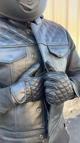 Black Leather Motorcycle Gloves for Men – Diamond Stitch Design, Soft Naked Cowhide with Velcro Strap – Riding & Biker Gloves for Enhanced Grip & Comfort in Kuwait
