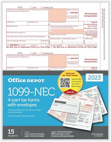 نماذج ضرائب الليزر 1099-NEC من علامة Office Depot®، 4 أجزاء، 3-أعلى، 8-1/2 بوصة × 11 بوصة، حزمة مكونة من 15 مجموعة نماذج in Saudi Arabia