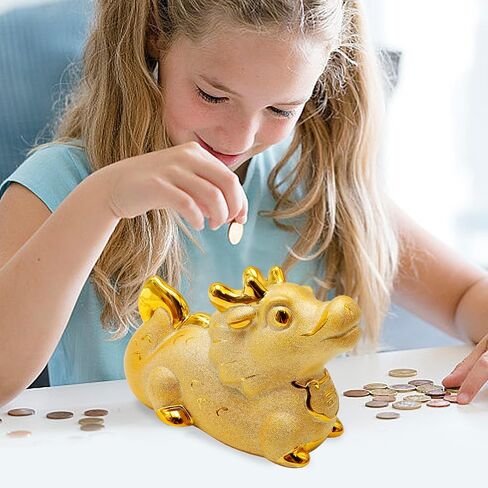 Golden Dragon Money Bank, Cute Money Box, Family Money Holder, Dragon Money Storage, Dragon Ceramic Statue Money Bank for Children, Chinese Decorations, Home Decorations in Saudi Arabia