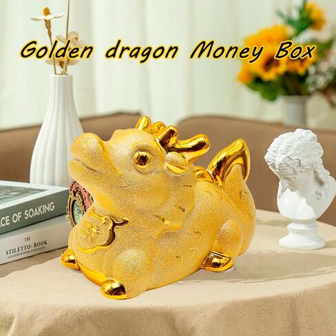 Golden Dragon Money Bank, Cute Money Box, Family Money Holder, Dragon Money Storage, Dragon Ceramic Statue Money Bank for Children, Chinese Decorations, Home Decorations in Saudi Arabia