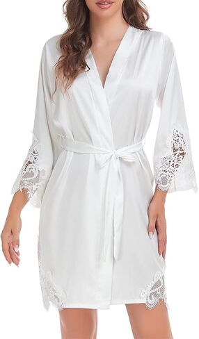 Women's Silk Satin Robe Lace Trim Short Kimono Bridal Bridesmaid Robes Wedding Party Bathrobe Sleepwear in Saudi Arabia