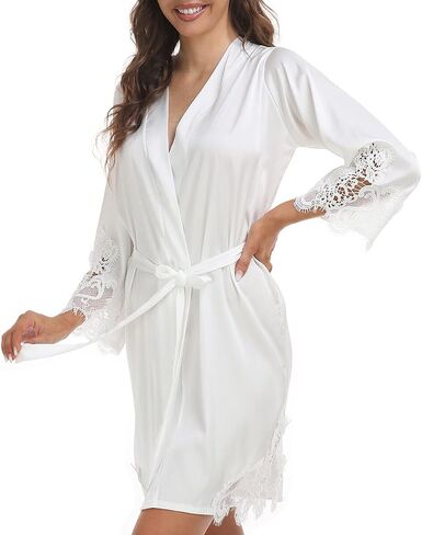 Women's Silk Satin Robe Lace Trim Short Kimono Bridal Bridesmaid Robes Wedding Party Bathrobe Sleepwear in Saudi Arabia