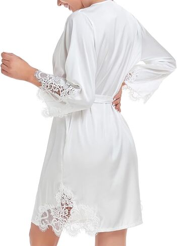 Women's Silk Satin Robe Lace Trim Short Kimono Bridal Bridesmaid Robes Wedding Party Bathrobe Sleepwear in Saudi Arabia
