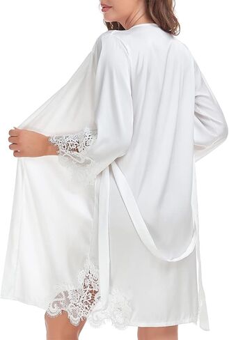 Women's Silk Satin Robe Lace Trim Short Kimono Bridal Bridesmaid Robes Wedding Party Bathrobe Sleepwear in Saudi Arabia
