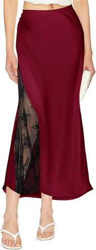 Pasgreson Women's Satin Midi Skirt Low Waisted Side Lace A Line Long Skirts Silk Flowy Elegant Work Party Skirts in Saudi Arabia