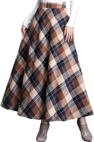 Women's Plaid Skirt Warm Elastic Waist Wool A-Line Pleated Tartan Winter Long Skirts in Saudi Arabia