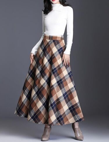 Women's Plaid Skirt Warm Elastic Waist Wool A-Line Pleated Tartan Winter Long Skirts in Saudi Arabia
