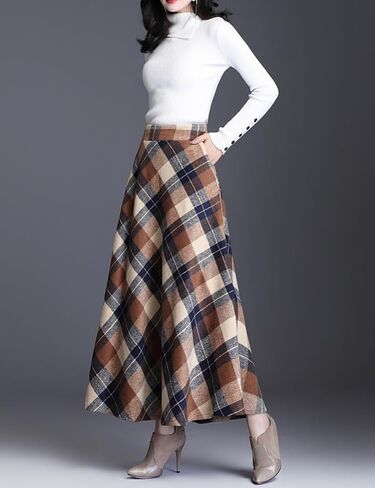 Women's Plaid Skirt Warm Elastic Waist Wool A-Line Pleated Tartan Winter Long Skirts in Saudi Arabia