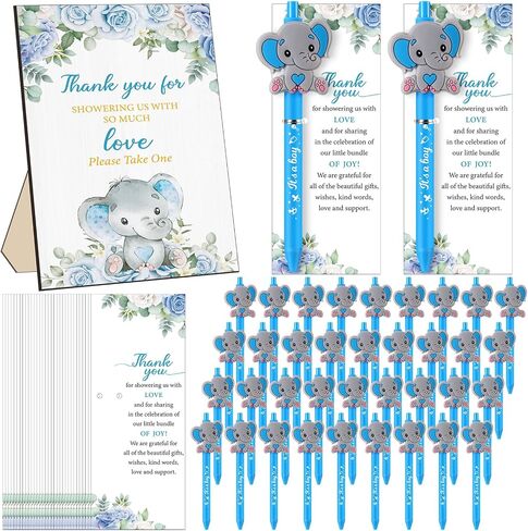 Frienda 50 Set Little Elephant Baby Shower Favors for Guests Include Wooden Sign 50 Baby Ballpoint Pens 50 elephant Thank You Cards with Twist Ties for Gender Reveal Party Baby Shower Return Gifts in Saudi Arabia