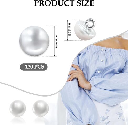 120 pcs 10mm Pearl Buttons with Shank Round Pearl Buttons, Hole White Plastic Pearl Bead Decorative Buttons for Wedding Dress, Skirts, Gloves, Sweaters, Shirts, Hats, Scarves, Headbands Crafts (White) in Saudi Arabia