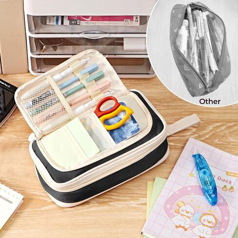 Big Capacity Pencil Case Portable Pen Pouch Bag, Cute Pencil Case Aesthetic Pouch, Expandable School Supplies Pencil Pouch with Compartments, Spacious Pencil Cases for Adults Boys Girls - Black in Saudi Arabia