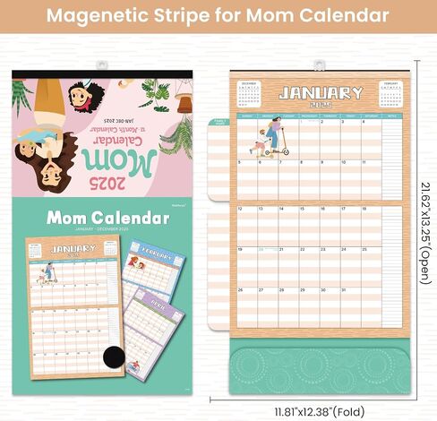 2025 Calendar - Mom Calendar 2025, Magnetic Calendar for Refrigerator, Jan.2025 - Dec.2025, 11.81"x12.38", Family Calendar 2025, Fold-out Wings, Large Pocket, Hanging Hook in Saudi Arabia