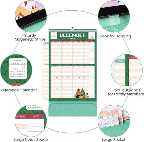 2025 Calendar - Mom Calendar 2025, Magnetic Calendar for Refrigerator, Jan.2025 - Dec.2025, 11.81"x12.38", Family Calendar 2025, Fold-out Wings, Large Pocket, Hanging Hook in Saudi Arabia