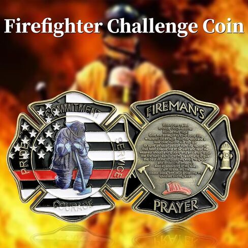 Firefighter Challenge Coin Gift Thin Red Line Maltese Cross Fireman Prayer Coin in Kuwait