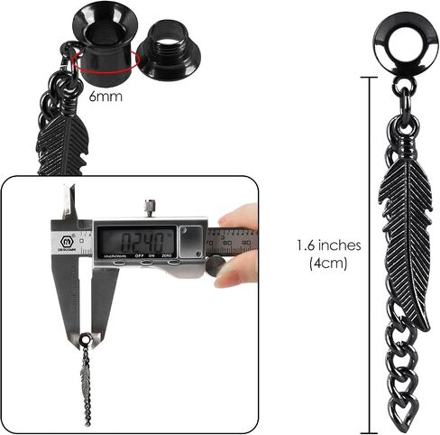 CAIRIAC Feather Ear Gauges Dangle Plugs Tunnel for Ears, 2g 6mm Gauges for Ears, Dangle Gauges with Chain, Stainless Steel Feather Chain Dangle Tunnels Plugs Earrings Hollow Gauges (Silvery), in Saudi Arabia