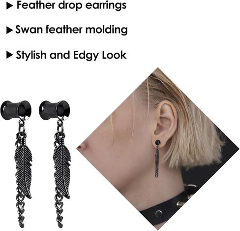 CAIRIAC Feather Ear Gauges Dangle Plugs Tunnel for Ears, 2g 6mm Gauges for Ears, Dangle Gauges with Chain, Stainless Steel Feather Chain Dangle Tunnels Plugs Earrings Hollow Gauges (Silvery), in Saudi Arabia