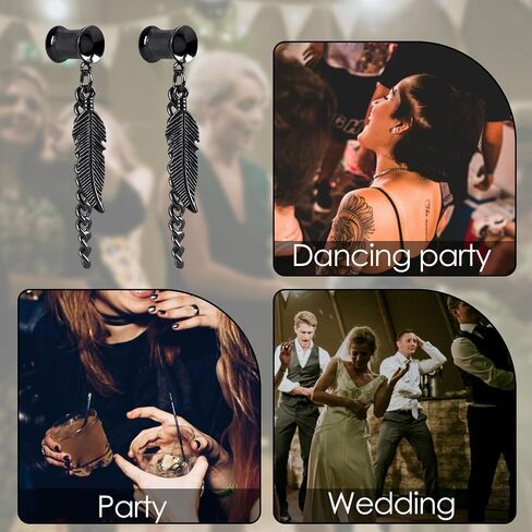 CAIRIAC Feather Ear Gauges Dangle Plugs Tunnel for Ears, 2g 6mm Gauges for Ears, Dangle Gauges with Chain, Stainless Steel Feather Chain Dangle Tunnels Plugs Earrings Hollow Gauges (Silvery), in Saudi Arabia