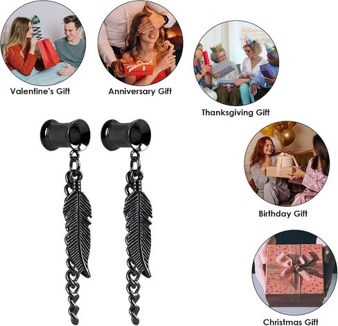 CAIRIAC Feather Ear Gauges Dangle Plugs Tunnel for Ears, 2g 6mm Gauges for Ears, Dangle Gauges with Chain, Stainless Steel Feather Chain Dangle Tunnels Plugs Earrings Hollow Gauges (Silvery), in Saudi Arabia