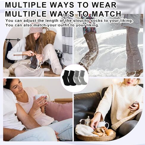 2Pairs Soft Slouch Socks for Women, Cozy Crew Scrunch Socks Cute Frilly Socks, Spring Winter Long Boot Socks for Women Girls (Size 6-12)(Black/Grey) in Saudi Arabia