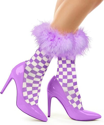 Benefeet Sox Women Plaid Socks Novelty Checked Socks with Feather Top Girls Colorful Feather Crew Socks Crazy Christmas Socks in Saudi Arabia