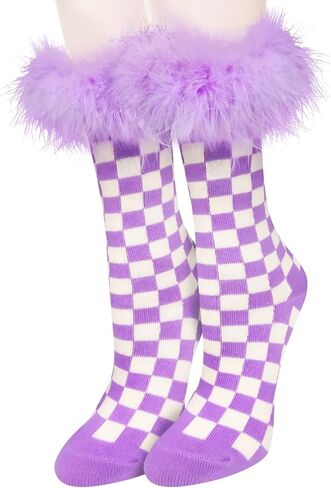 Benefeet Sox Women Plaid Socks Novelty Checked Socks with Feather Top Girls Colorful Feather Crew Socks Crazy Christmas Socks in Saudi Arabia
