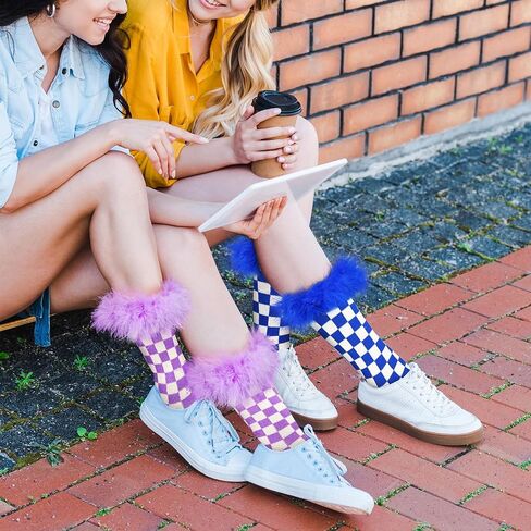 Benefeet Sox Women Plaid Socks Novelty Checked Socks with Feather Top Girls Colorful Feather Crew Socks Crazy Christmas Socks in Saudi Arabia