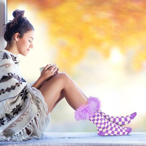 Benefeet Sox Women Plaid Socks Novelty Checked Socks with Feather Top Girls Colorful Feather Crew Socks Crazy Christmas Socks in Saudi Arabia