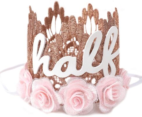 تاج من الدانتيل باللون الذهبي الوردي للفتيات - تاج نصف عيد الميلاد مع ورود وردية، قبعة عيد ميلاد 1/2، مثالية للاحتفالات المميزة للفتيات، هدية مدروسة in Kuwait