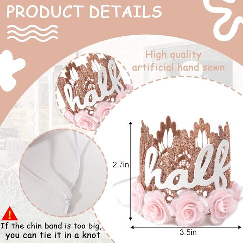 تاج من الدانتيل باللون الذهبي الوردي للفتيات - تاج نصف عيد الميلاد مع ورود وردية، قبعة عيد ميلاد 1/2، مثالية للاحتفالات المميزة للفتيات، هدية مدروسة in Kuwait