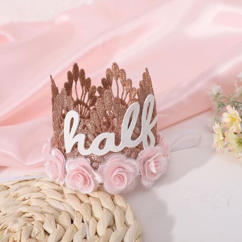 تاج من الدانتيل باللون الذهبي الوردي للفتيات - تاج نصف عيد الميلاد مع ورود وردية، قبعة عيد ميلاد 1/2، مثالية للاحتفالات المميزة للفتيات، هدية مدروسة in Kuwait