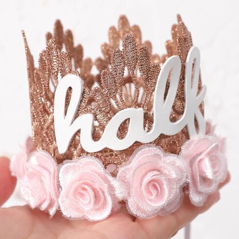 تاج من الدانتيل باللون الذهبي الوردي للفتيات - تاج نصف عيد الميلاد مع ورود وردية، قبعة عيد ميلاد 1/2، مثالية للاحتفالات المميزة للفتيات، هدية مدروسة in Kuwait