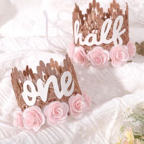 تاج من الدانتيل باللون الذهبي الوردي للفتيات - تاج نصف عيد الميلاد مع ورود وردية، قبعة عيد ميلاد 1/2، مثالية للاحتفالات المميزة للفتيات، هدية مدروسة in Kuwait