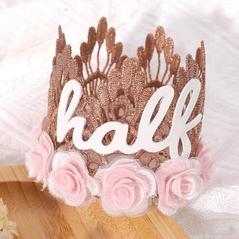تاج من الدانتيل باللون الذهبي الوردي للفتيات - تاج نصف عيد الميلاد مع ورود وردية، قبعة عيد ميلاد 1/2، مثالية للاحتفالات المميزة للفتيات، هدية مدروسة in Kuwait