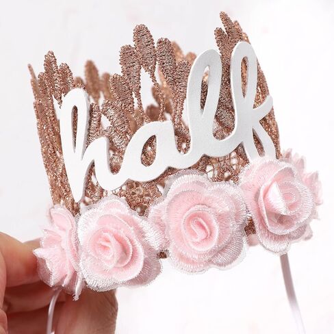 تاج من الدانتيل باللون الذهبي الوردي للفتيات - تاج نصف عيد الميلاد مع ورود وردية، قبعة عيد ميلاد 1/2، مثالية للاحتفالات المميزة للفتيات، هدية مدروسة in Kuwait