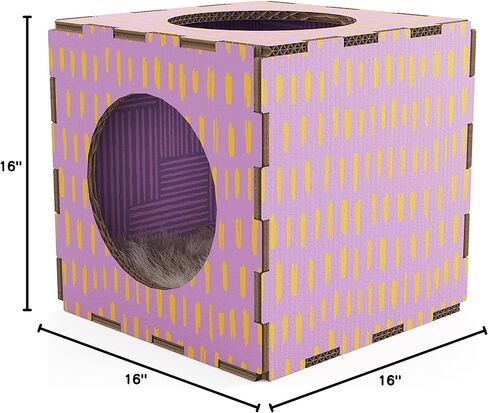 Modern Condo Cube, Reinforced Cardboard Design Clicks Together in Seconds, Includes Plush Fur Sleeping Pad Ideal for Kittens and Cats Green/Yellow in Kuwait