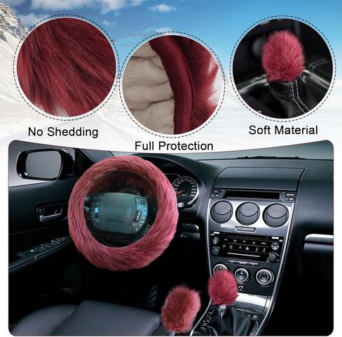 3pcs Fluffy Wine Red Steering Wheel Cover, Fashion Fuzzy Plush Car Steering Wheel Cover with Handbrake Cover & Gear Shift Cover Winter Fur Warm Vehicle Steering Wheel Protector for Women in Kuwait