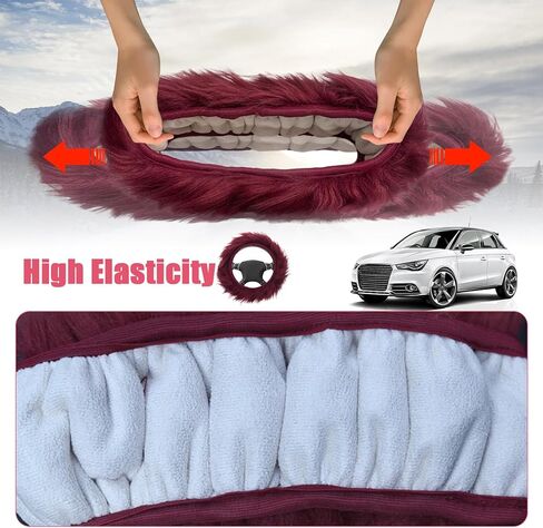 3pcs Fluffy Wine Red Steering Wheel Cover, Fashion Fuzzy Plush Car Steering Wheel Cover with Handbrake Cover & Gear Shift Cover Winter Fur Warm Vehicle Steering Wheel Protector for Women in Kuwait