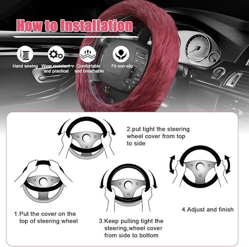 3pcs Fluffy Wine Red Steering Wheel Cover, Fashion Fuzzy Plush Car Steering Wheel Cover with Handbrake Cover & Gear Shift Cover Winter Fur Warm Vehicle Steering Wheel Protector for Women in Kuwait