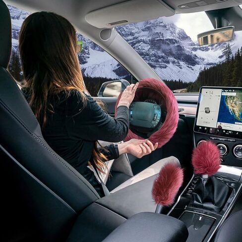 3pcs Fluffy Wine Red Steering Wheel Cover, Fashion Fuzzy Plush Car Steering Wheel Cover with Handbrake Cover & Gear Shift Cover Winter Fur Warm Vehicle Steering Wheel Protector for Women in Kuwait