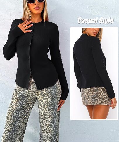 سترة نسائية طويلة الأكمام خفيفة الوزن ورقبة دائرية وأزرار سفلية مفتوحة من الأمام in Kuwait