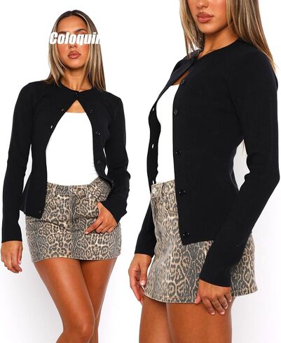 سترة نسائية طويلة الأكمام خفيفة الوزن ورقبة دائرية وأزرار سفلية مفتوحة من الأمام in Kuwait