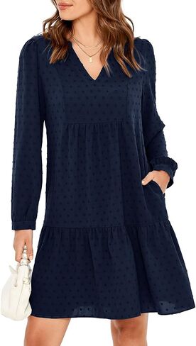 فستان Simplee نسائي بياقة على شكل V وأكمام طويلة ومنقط سويسري، فستان قصير واسع in Kuwait