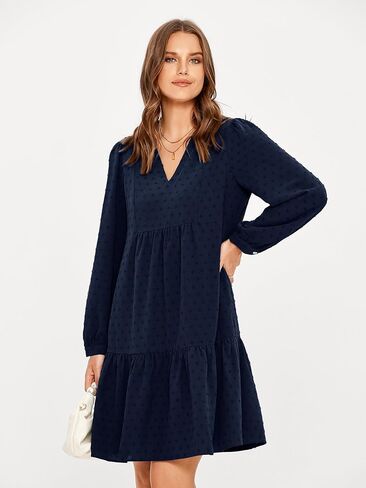 فستان Simplee نسائي بياقة على شكل V وأكمام طويلة ومنقط سويسري، فستان قصير واسع in Kuwait