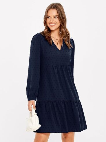 فستان Simplee نسائي بياقة على شكل V وأكمام طويلة ومنقط سويسري، فستان قصير واسع in Kuwait