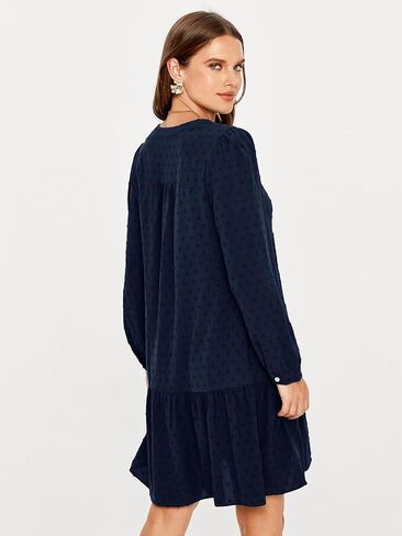 فستان Simplee نسائي بياقة على شكل V وأكمام طويلة ومنقط سويسري، فستان قصير واسع in Kuwait