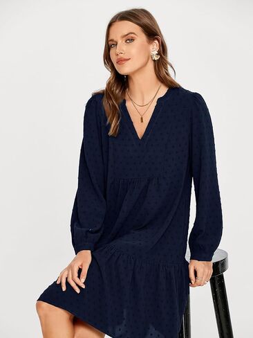 فستان Simplee نسائي بياقة على شكل V وأكمام طويلة ومنقط سويسري، فستان قصير واسع in Kuwait