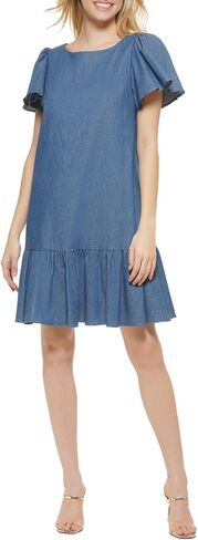 DKNY Women's Short Sleeve Ruffled Denim Dress in Saudi Arabia
