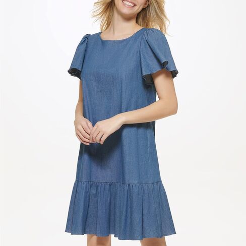 DKNY Women's Short Sleeve Ruffled Denim Dress in Saudi Arabia